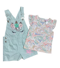 Little Lass Girls Size 6 2pc Unicorn Top  Light Blue Shorts Overall Set Pockets
