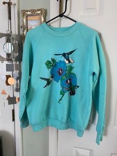 Vintage 90s Hummingbirds Sweatshirt Turquoise Sz L Floral Graphic