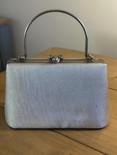 Vintage Metallic Silver Fabric Evening Clutch Handbag Metal Frame Unusual Clasp 