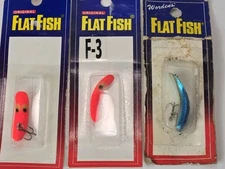 (3) Worden's Original FlatFish F3 F4 Floro Red Metallic Blue USA