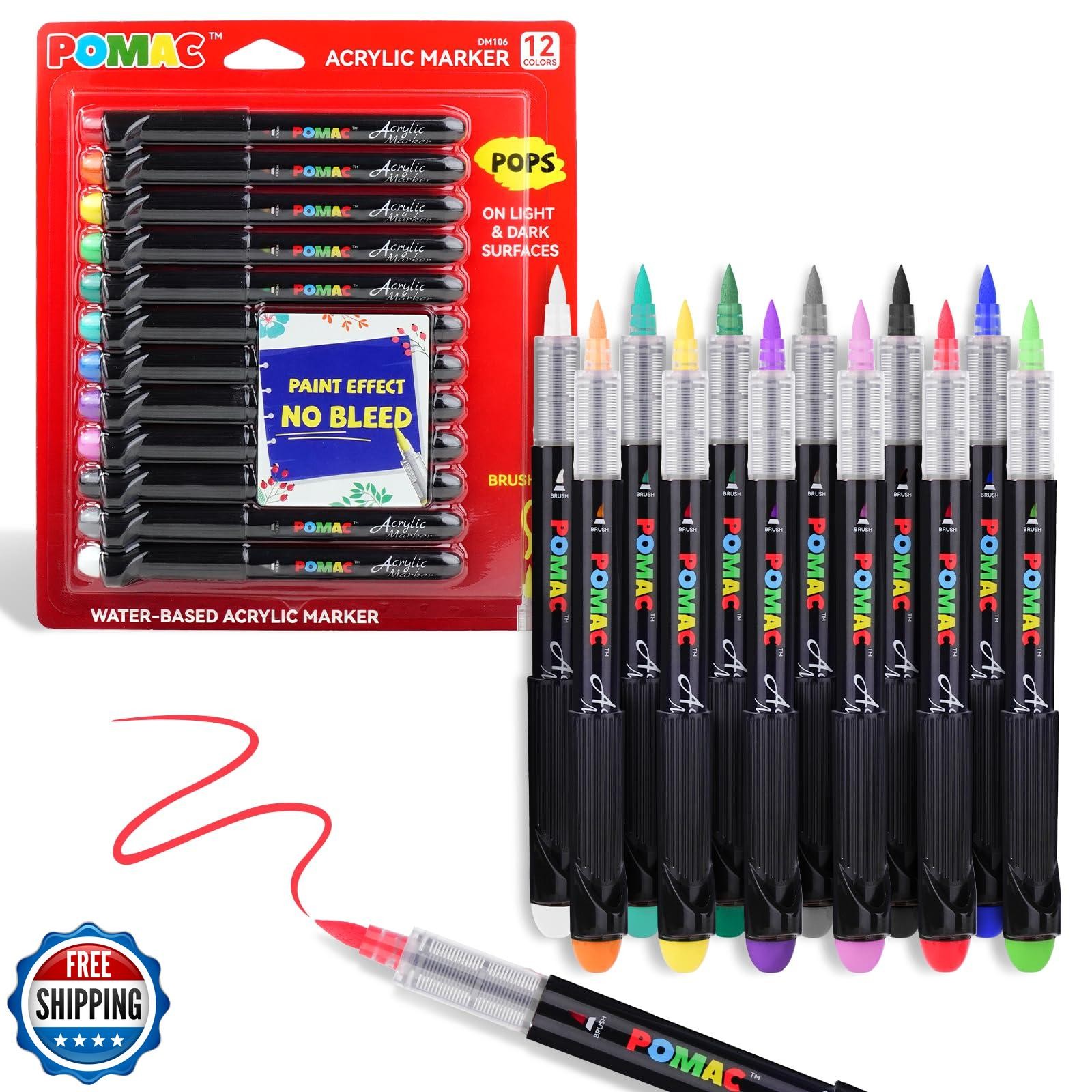 POMAC 12-Color Acrylic Paint Markers with Brush Tip for Art and Drawing