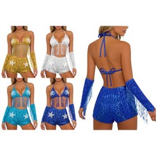 Women Outfit Cheerleading Dancewear Carnivals Set Uniform Dance Set Tassel Bra