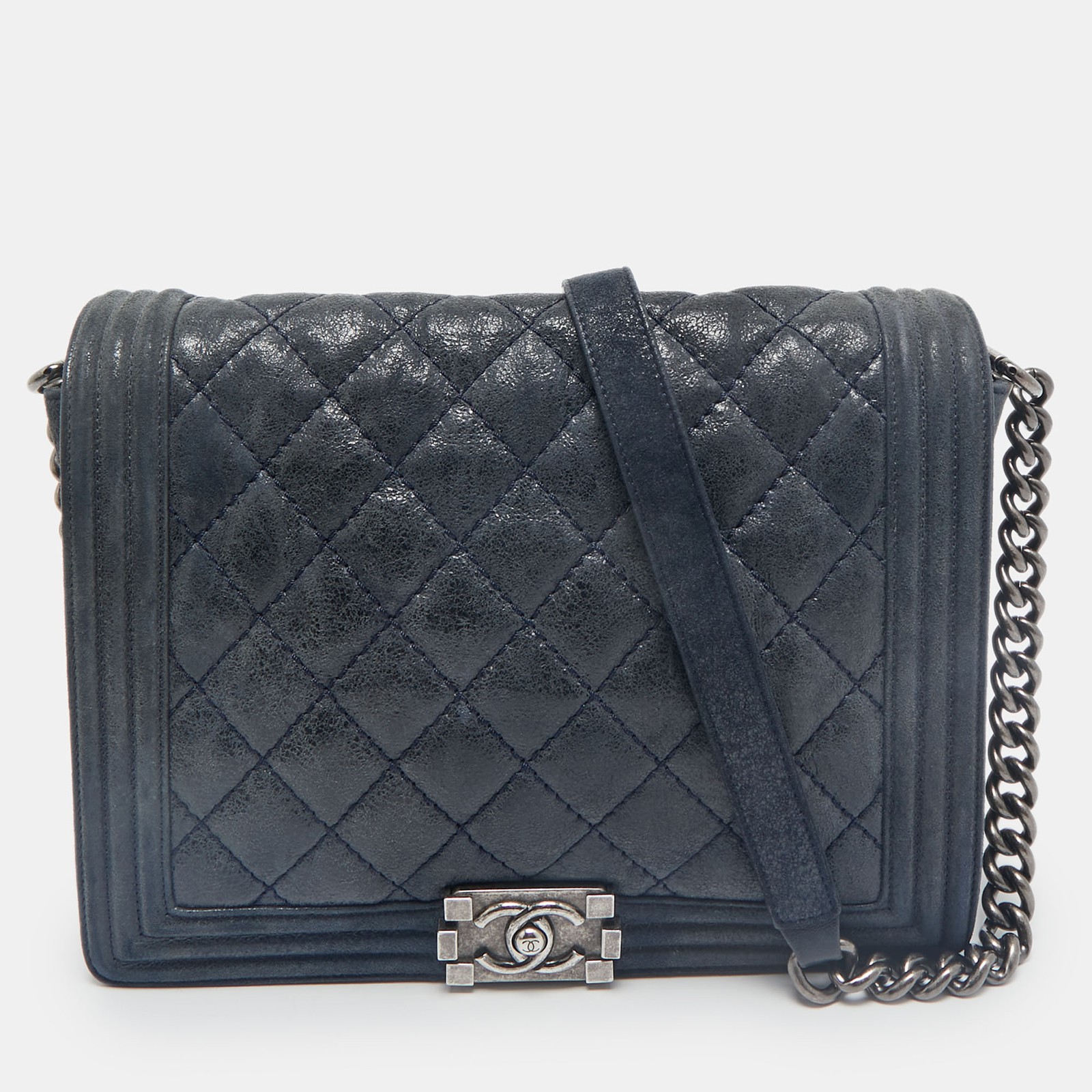 Chanel Navy Blue Iridescent Leather Quilted Boy Flap Bag