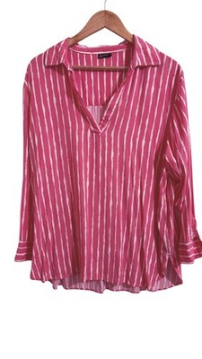 Laura Torelli Sz L Classic Pullover Bright Pink Stripe V Neck 3/4 Sleeves