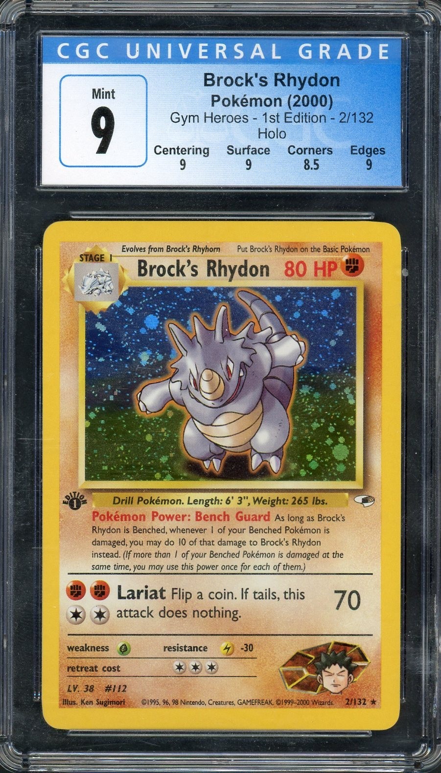 CGC 9 Brock's Rhydon (1st Ed.) Gym Heroes 2/132 Holo Pokemon Card B15