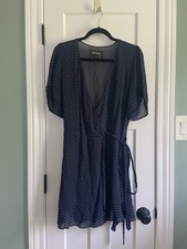 Reformation Monica Mini Wrap Dress Short Sleeve Navy Blue Polka Dot Size Large