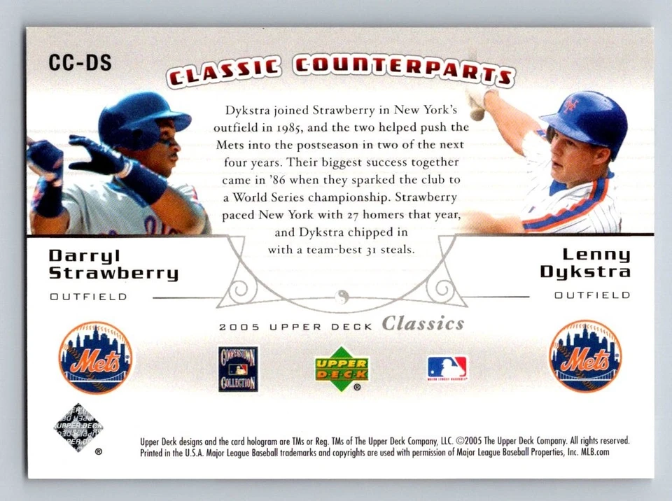 2005 Upper Deck Darryl Strawberry Lenny Dykstra💥/1999 Classic Counterparts CCDS - Image 2 of 2