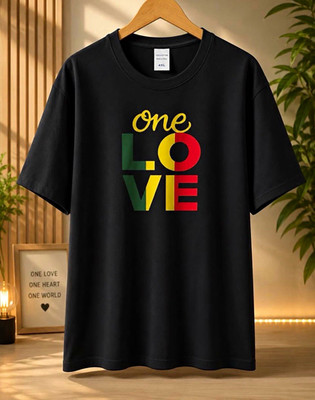 Men's Black Cotton Knit One Love Graphic Crew Neck Short Sleeve T-Shirt 4XL