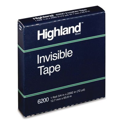 Highland Invisible Permanent Mending Tape, 3'' Core, 0.5'' x 72 yds, Clear, 2/Pack