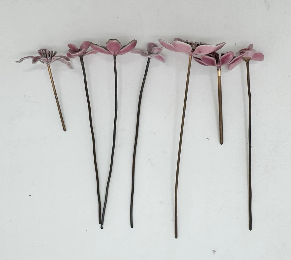 Vintage Lot 7 Bovano Of Cheshire Enamel Flowers Loose Stems 2.25-5.5” - Image 2 of 4