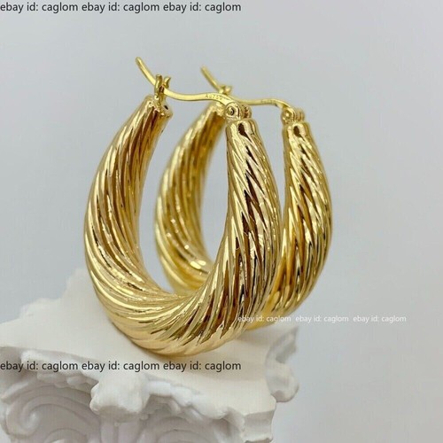 Pure 18K Yellow Gold Au750 Shiny Twist Chubby Hoop Women Big Earrings 30*26mm - Picture 5 of 8