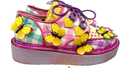 IRREGULAR CHOICE 'Butterfly Bounce' Gingham Fabric Creeper Style Shoes UK3.5/36 - Image 1 of 4