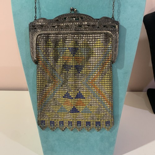 WHITING & DAVIS ANTIQUE ART DECO MULTI ENAMEL MESH PURSE 1920'S ORNATE FRAME