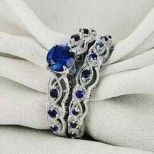 2Ct Round Lab-Created Sapphire Bridal Engagement Ring Set 14K White Gold Plated