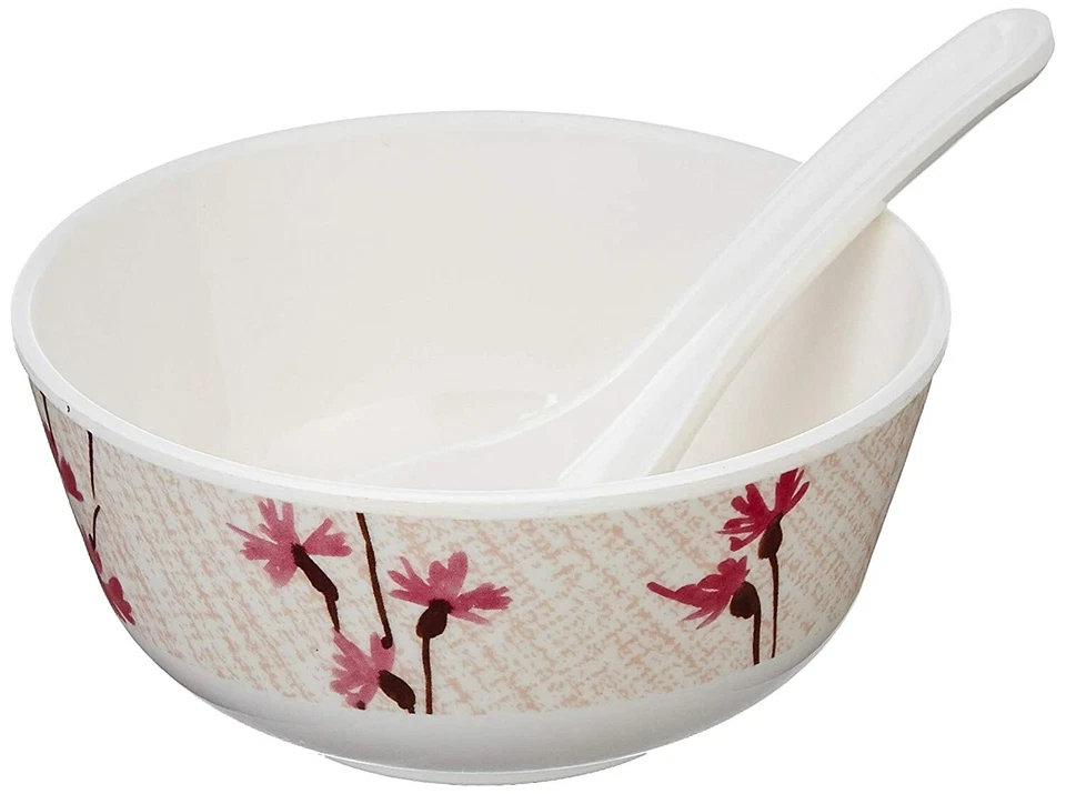 Juego de 6 cuencos de sopa de melamina con cucharas 11,5 cm plástico floral blanco Foto 4 de 4