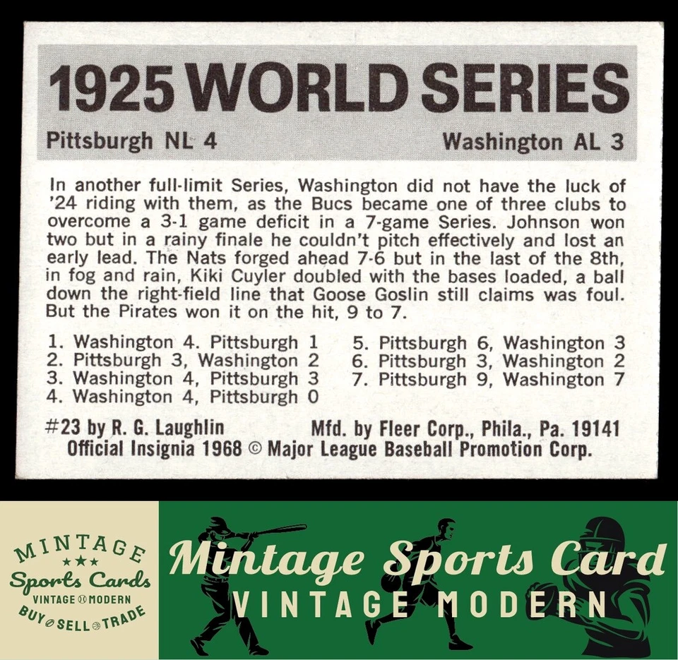 1971 Fleer Laughlin World Series Black - 1925 Pirates vs. Senators - Image 2 of 2