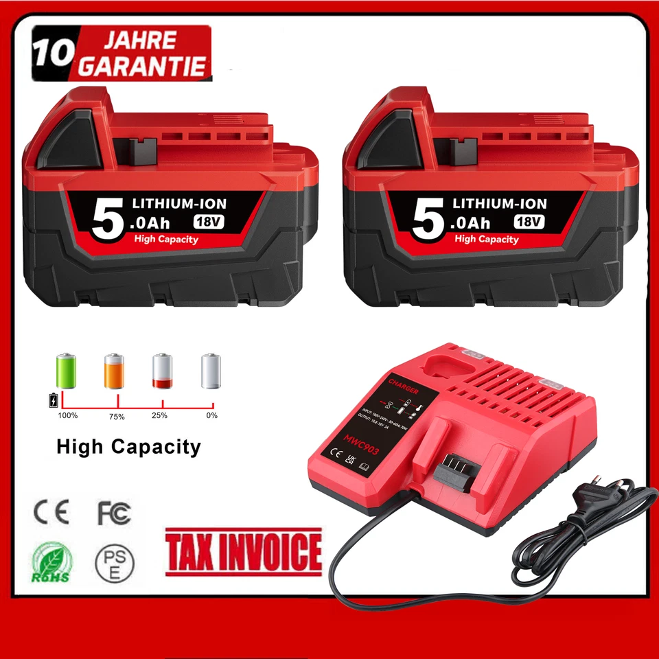 MARKENLOS 5.0AH Für Milwaukee M18 Akku/Ladegerät M18B12 18V XC Li-Ion 48-11-1860 7.0Ah 12A