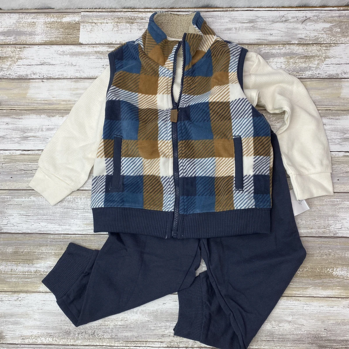 Carters Baby Boy 18M 3 Piece Jacket Shirt and Pants set Blue Brown Tan Plaid