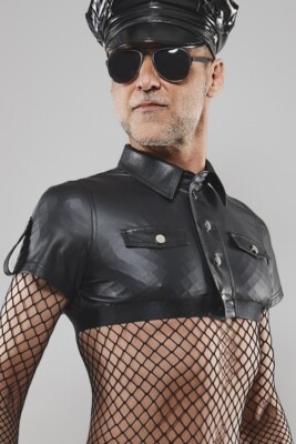 Men s Cross-dressing Black Wet Look Crop Top Mesh Sleeve Shirt | Clubwear