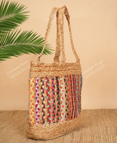 India Handwoven Jute Chindi Shoulder Bag Handwoven Multi Chindi Jute India Bag - Picture 2 of 4