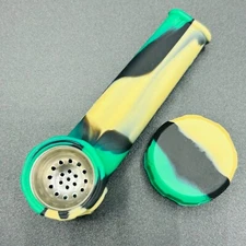 Silicone Smoking Pipe with Metal Bowl & Cap Lid | green black tan “camo”