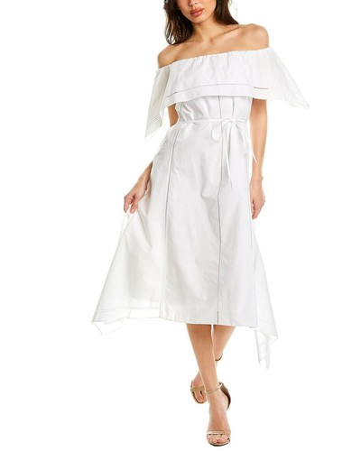 $475 NWT THEORY SzL OFF THE SHOULDER EYELET ASYMMETRIC BELTED DRESS IN WHITE - Picture 5 of 8
