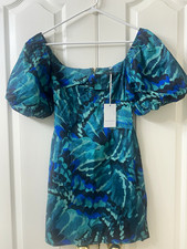 Prosperina Women's XS Blue Green Floral Square Neck Puff Sleeve Mini Dress