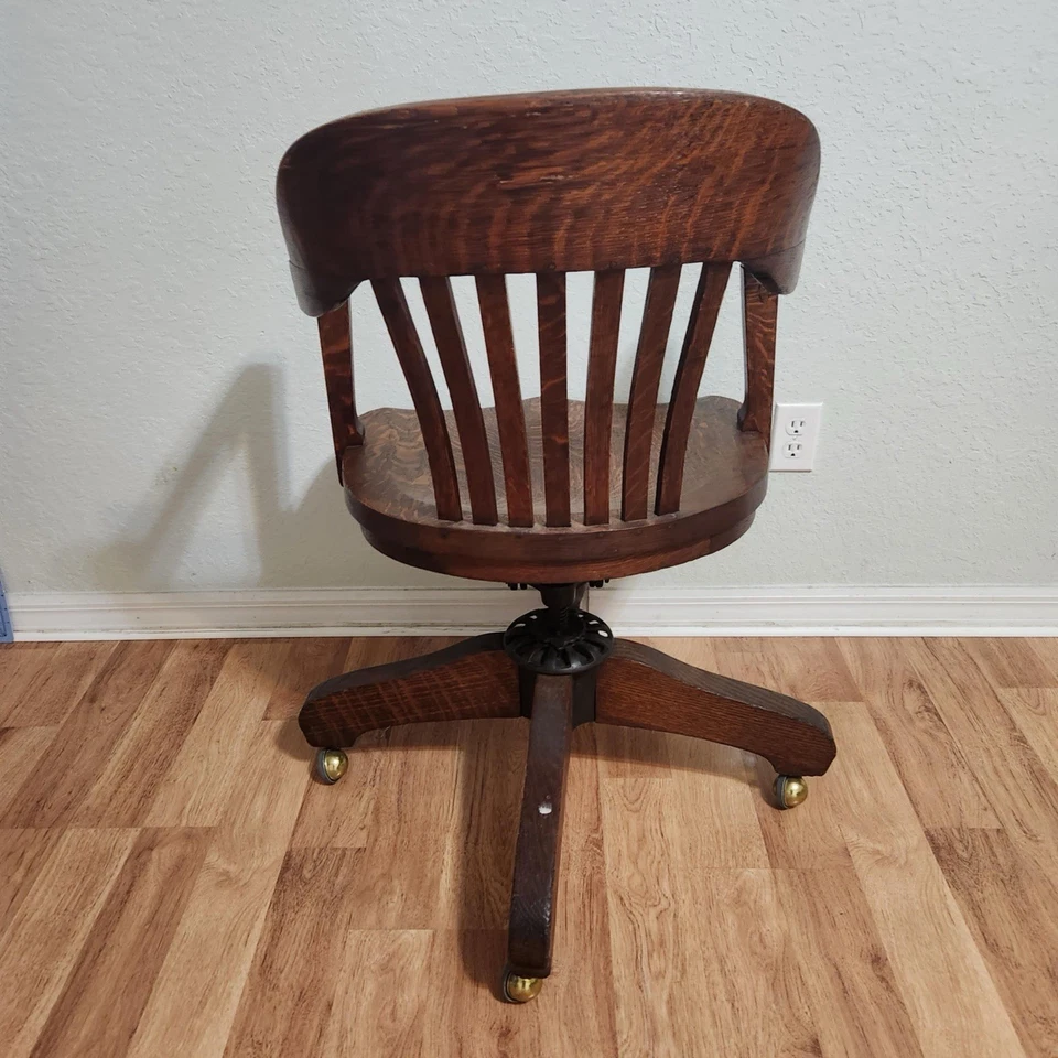 Antique Solid Wood Bankers Office Swivel Desk Arm Chair Rolls - Image 4 of 4