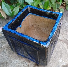 Azure blue black glazed rustic quirky square heavy planter pot 17cm tall