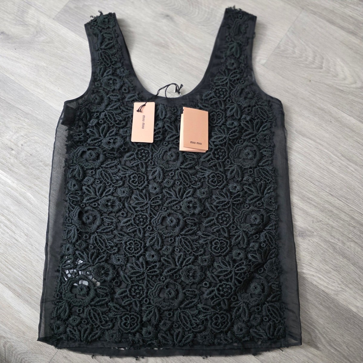 Miu Miu Macrame Lace Tank Top Sleeveless Black Floral Embellished