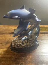 Blue Dolphins Figure Swimming Around Coral Statue Sea Life Figurine Decor