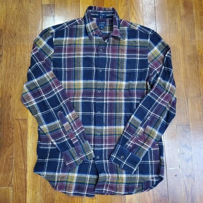 J.Crew Flannel Shirt Mens Medium Navy Burgundy Plaid Button Down Classic Fit