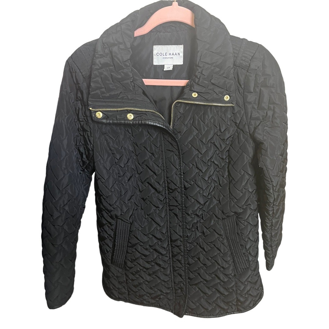 Cole Haan Quilted Winter Jacket Black Gold Snap Zip Small