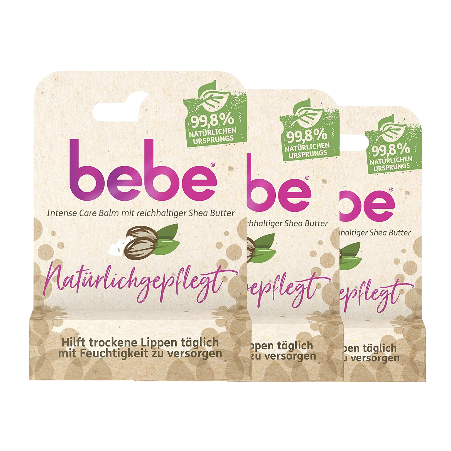 3x bebe Natürlichgepflegt Lippenpflegestift mit Shea Butter Intense Care je 4,9g