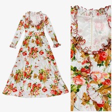 VTG 70s JCPenney Floral Maxi Dress M Coral Long Sleeve Ruffle Prairie Made USA
