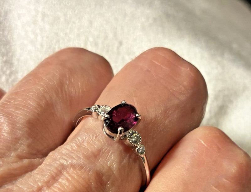 Elegant Natural Rhodolite Garnet Ring in Silver/Rhodium Plating with CZ, New
