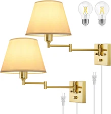 Wall Sconce Plug In, Brushed Brass Dimmable Wall Sconces Set of 2 Swing Arm Wall