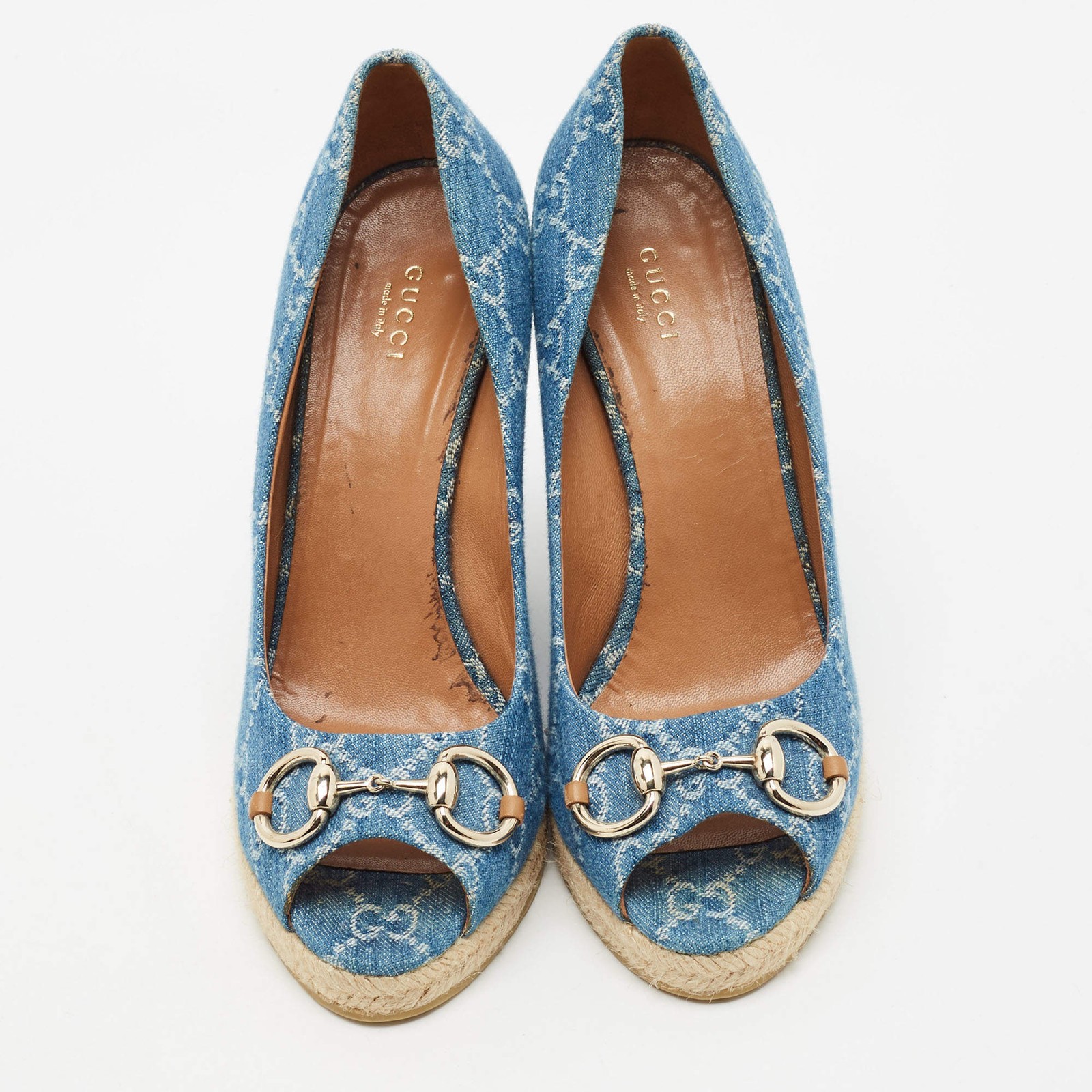 Gucci Charlotte Size 40 Blue GG Denim Horsebit Peep Toe Wedge Pumps image 3