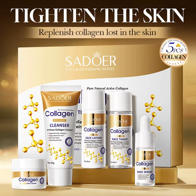 5Pcs  Collagen Skin Care Sets Moisturizing Face Cream Eye Cream Serum Essence Wh