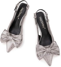 Slingback Kitten Heels with Bow Pointed Closed Toe Pumps-Silver Size 8