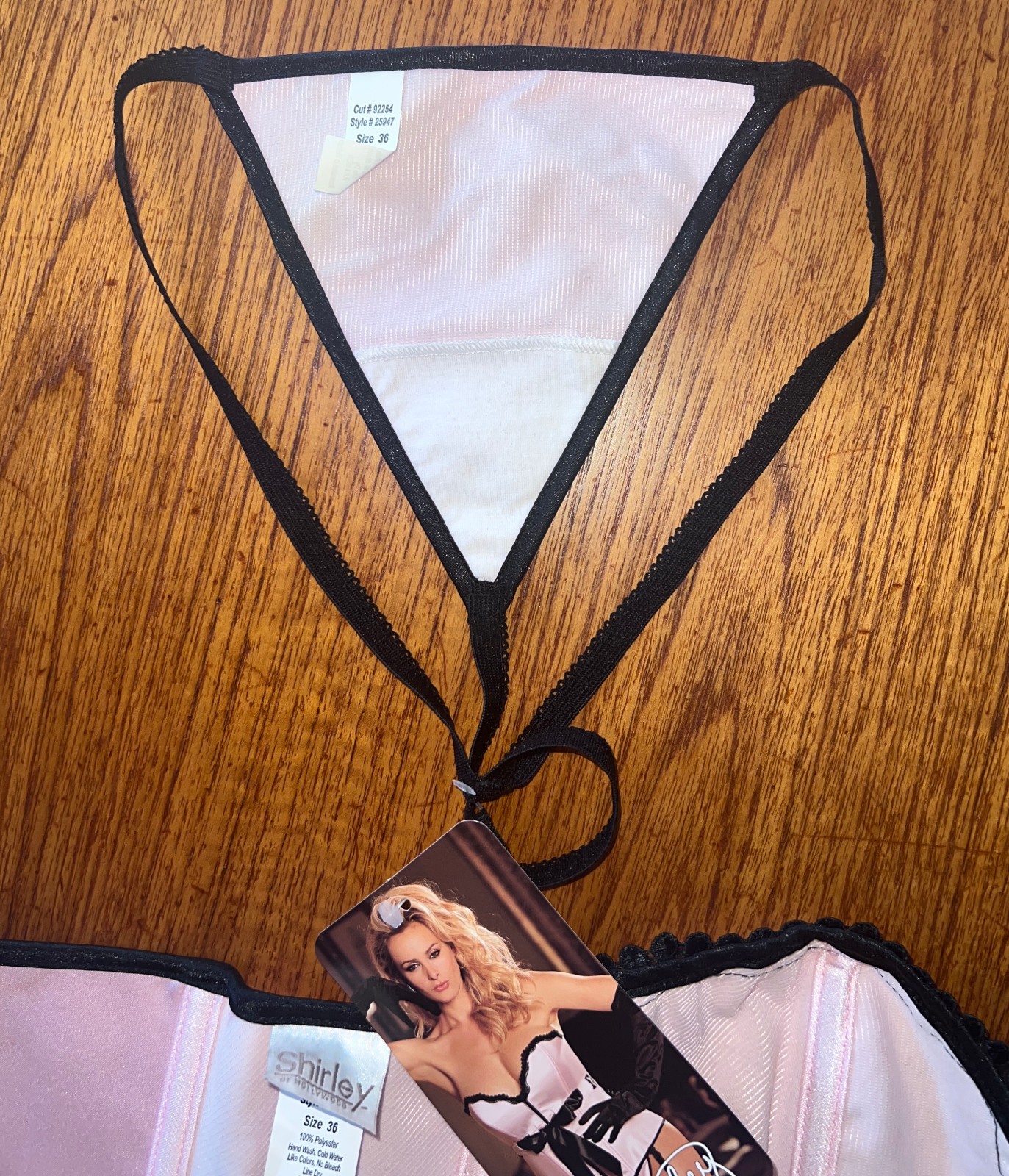 NWT! Shirley Of Hollywood, Ft Zip Corset In Pink Satin W/Black Lace Trim, Sz 36