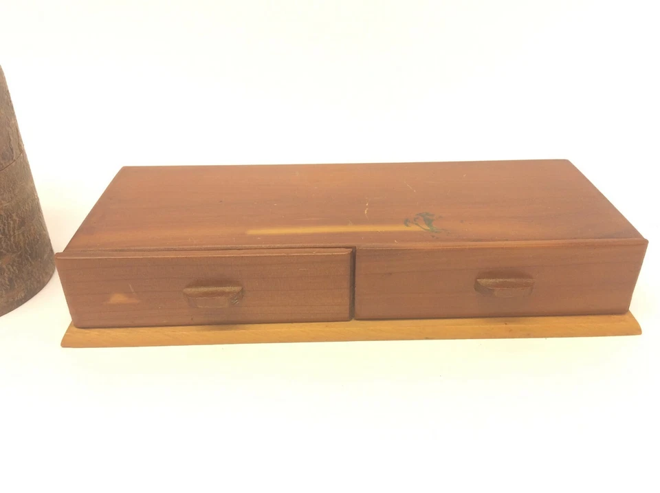 Small Pine Wood Sliding Trinket Box Bark Lined Steel Round Container Storage - Image 2 of 4