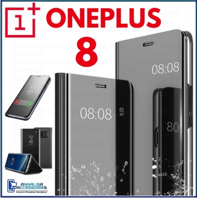 FLIP COVER FOR ONEPLUS 8 CLEAR VIEW 360° BLACK MIRROR BOOK CASE ONE PLUS