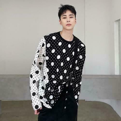 【BAON】Koitan dot collar long sleeve tee Polka Dot Men's Round Collar T-shirt Long Sleeve Tops Wave