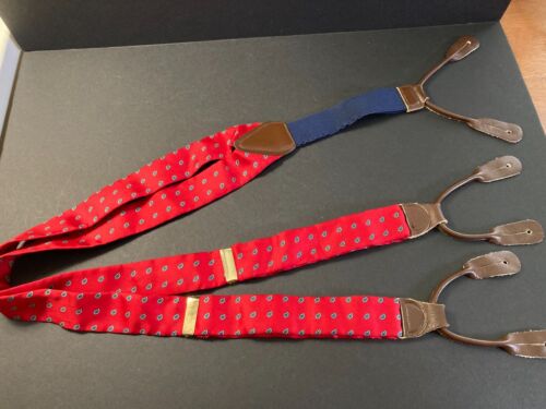 Red Blue Dotted Paisley Silk Suspenders Leather Button Hole Braces Blue Elastic - Picture 1 of 14