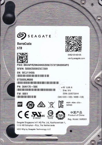 ST5000LM000 p/n: 2AN170-566 s/n: WCJ f/w: 0001 WU OCT 2018 5TB SATA 2.5" SEAGATE