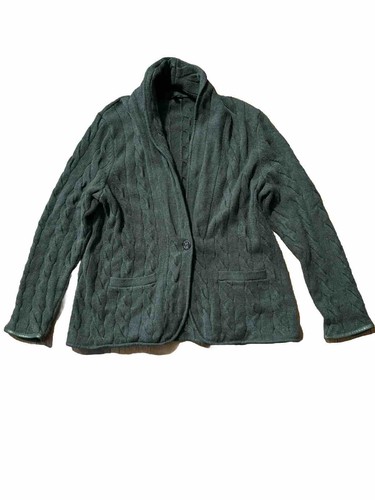 Talbots Woman’s Cable Knit XL Sweater Olive Green Wool Blend Faux Leather Trim - Picture 3 of 8