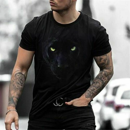Camiseta Hombre Moda Pantera Negra Mirada Manga Corta Gr fico Seda