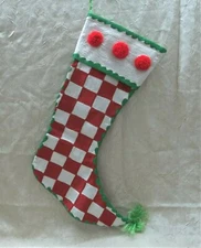 Christmas Red & White Chain Stitched Embroidered Satin Elf Shoe Stocking Holiday