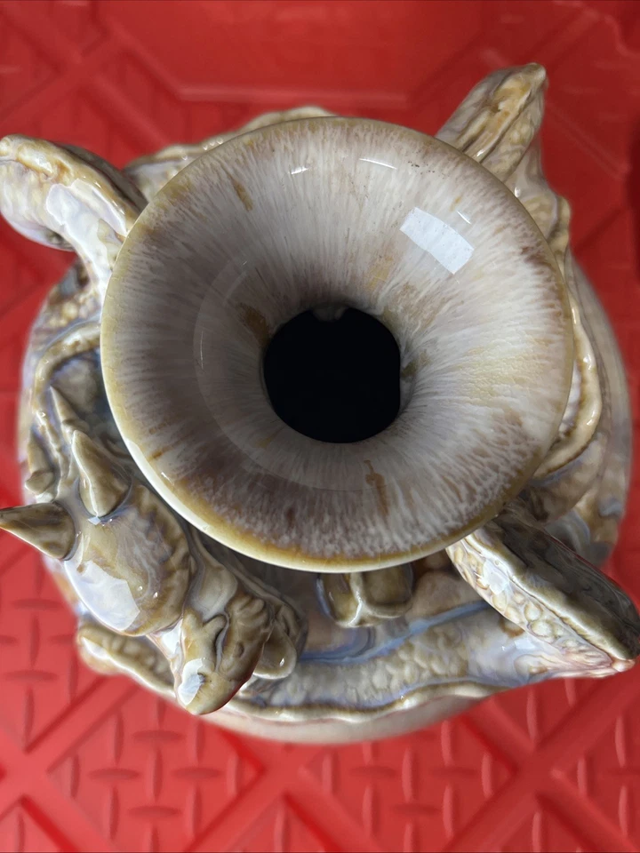 Hermoso jarrón grande vintage asiático marrón y azul esmalte de sal dragón Foto 3 de 4